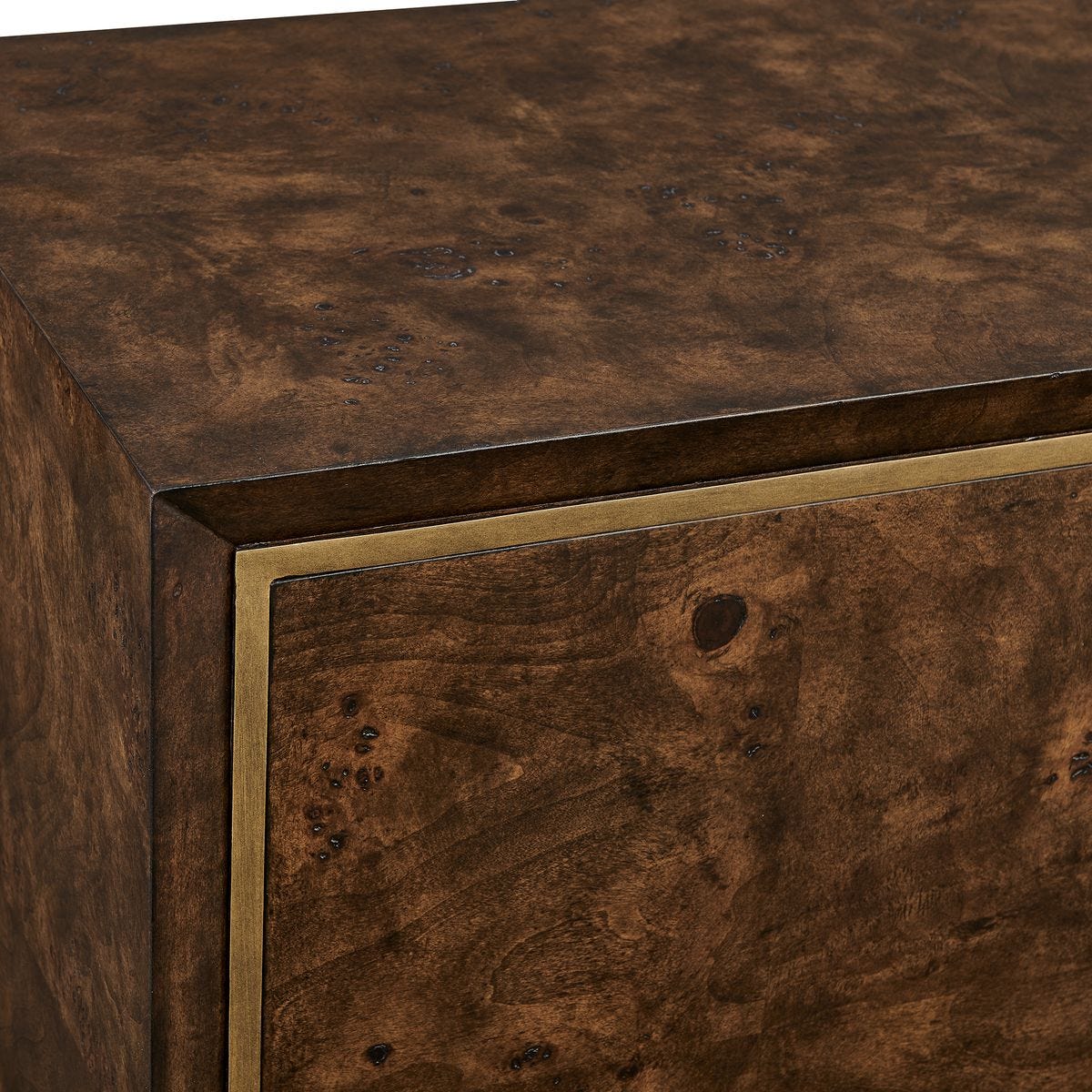 Detail view of the Flores Walnut Mappa Burl 2 Door Cabinet finish and construction image 6