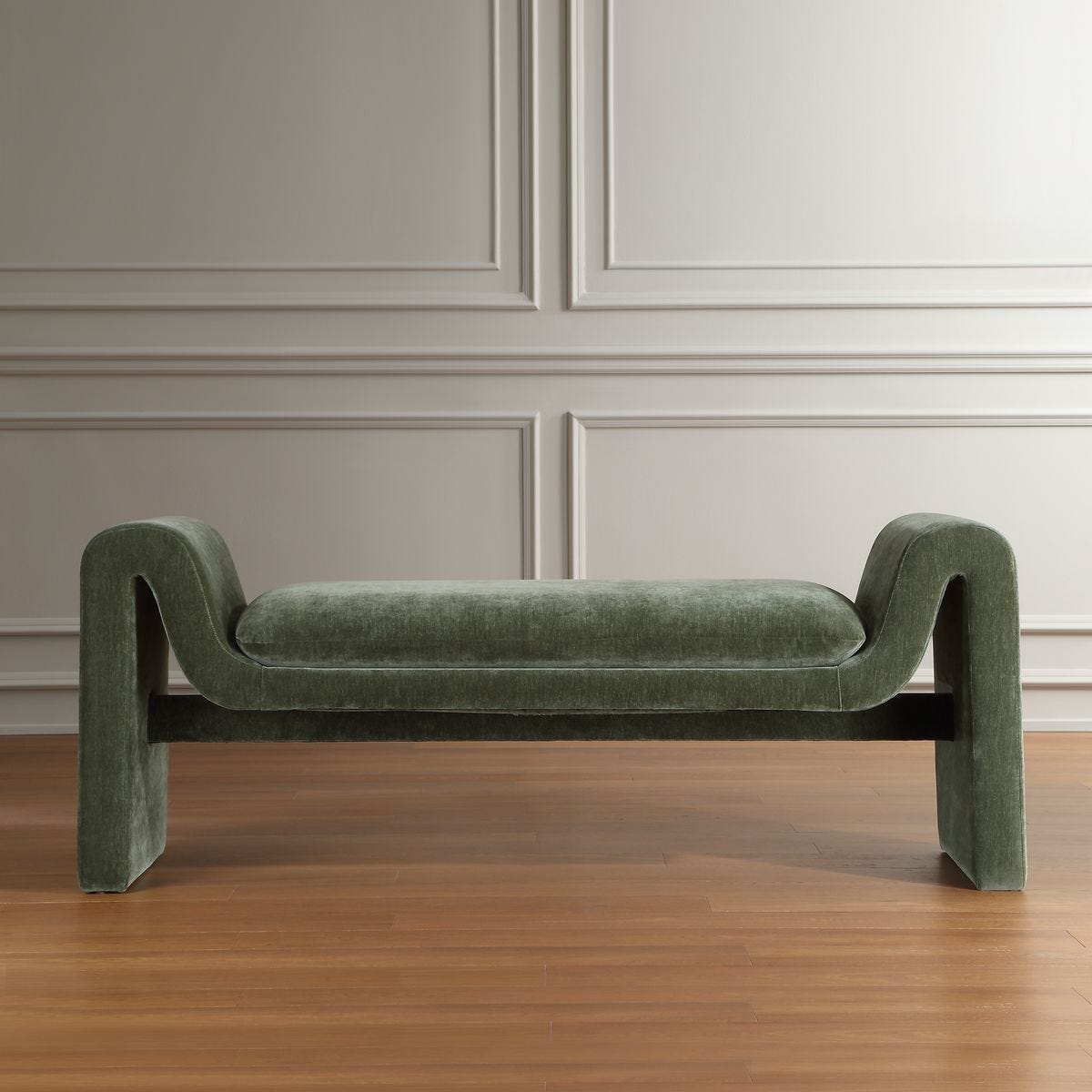 Side view of the Manson Moss Velvet Bench by Uttermost