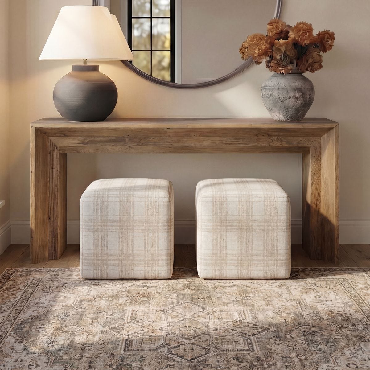 Close-up of the Joie Porcelain Plaid Ottoman chenille upholstery