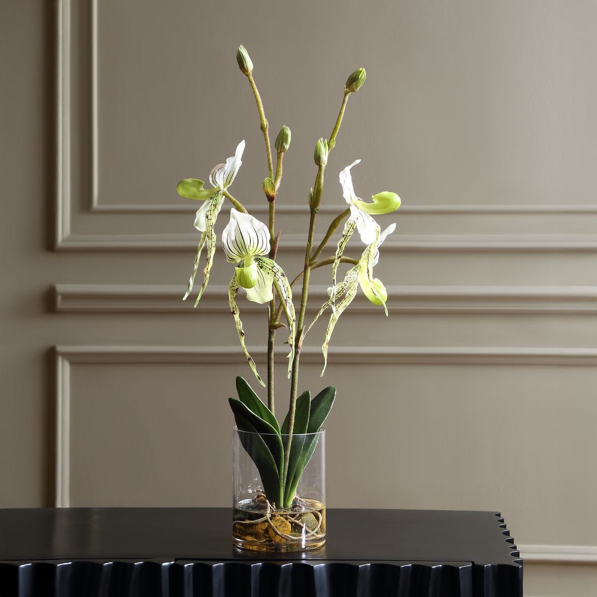 Detail view of the leaf and stem detail on the Lady Slipper White Orchid Arrangement