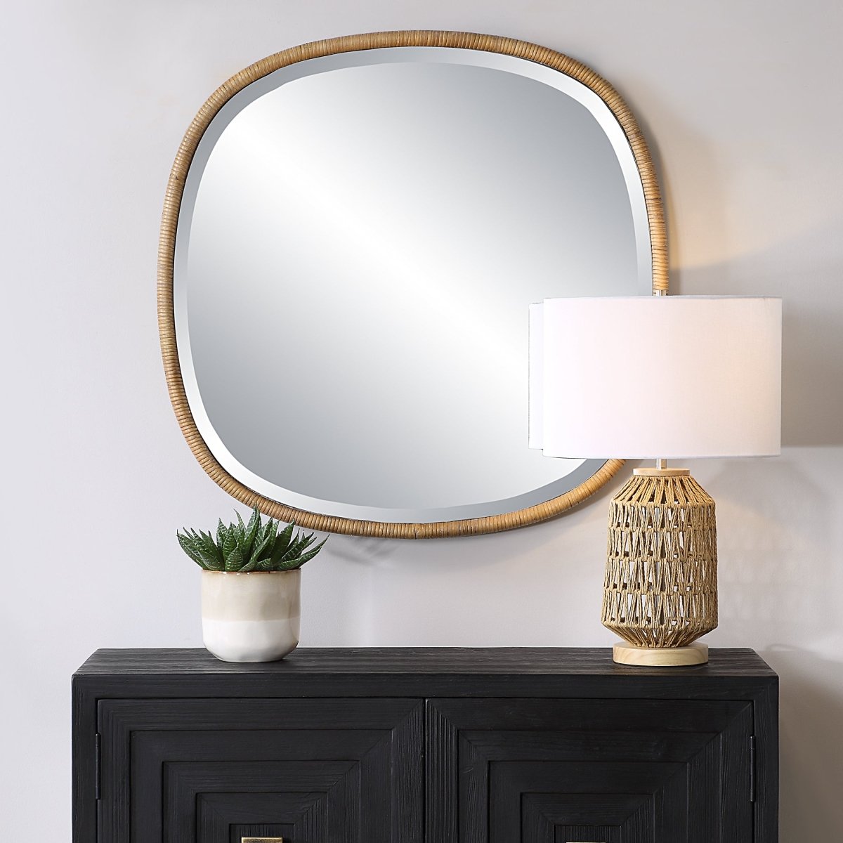 34" Natural Rattan Wrapped Beveled Coastal Mirror - Other Mirrors Detail View 4 - Luxury Home Furnishing