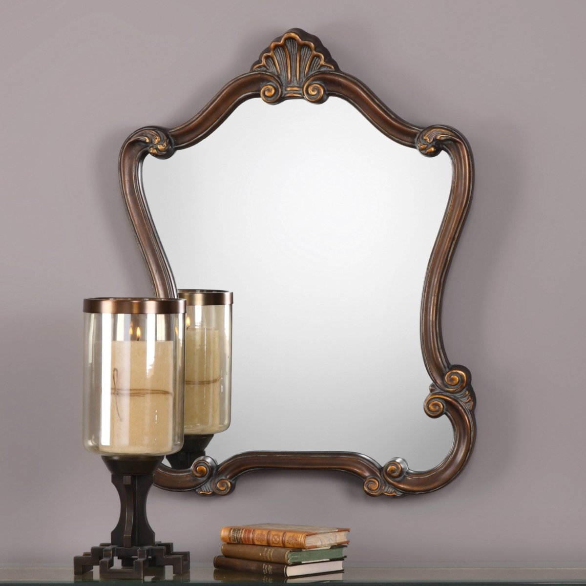 Lightly Distressed Bronze Ornate Scroll Frame Mirror - Uttermost - Other Mirrors by Modest Hut