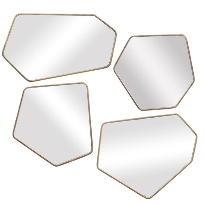 Set of 4 geometric modern mirrors with gold metal frames in diamond and hexagon shapes