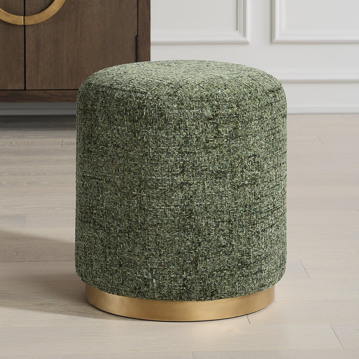 Green Chenille Ottoman with Brass Accents - Uttermost - Ottomans by Modest Hut