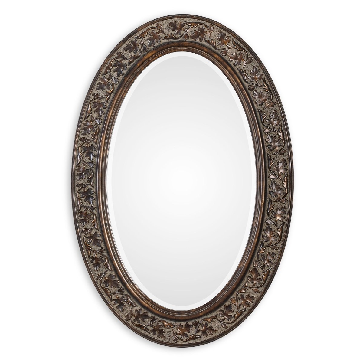 Aged Bronze Oval Frame Mirror Featuring Embossed Leaf Design - Uttermost - Oval Mirrors by Modest Hut