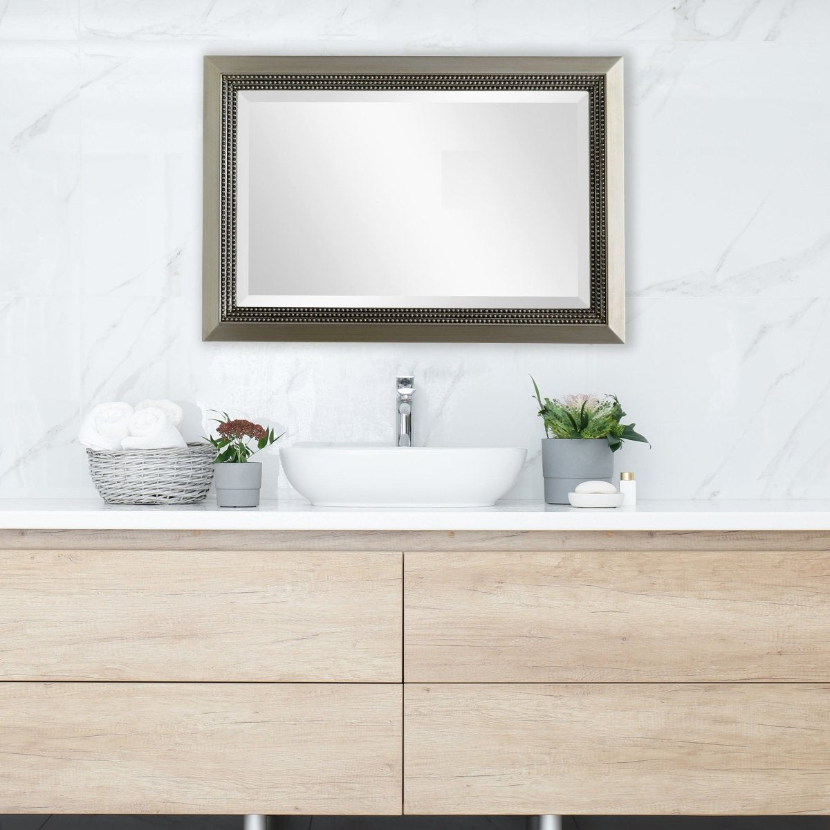 Warm Silver Beaded Mirror with Beveled Center - Uttermost - Rectangular Mirrors by Modest Hut