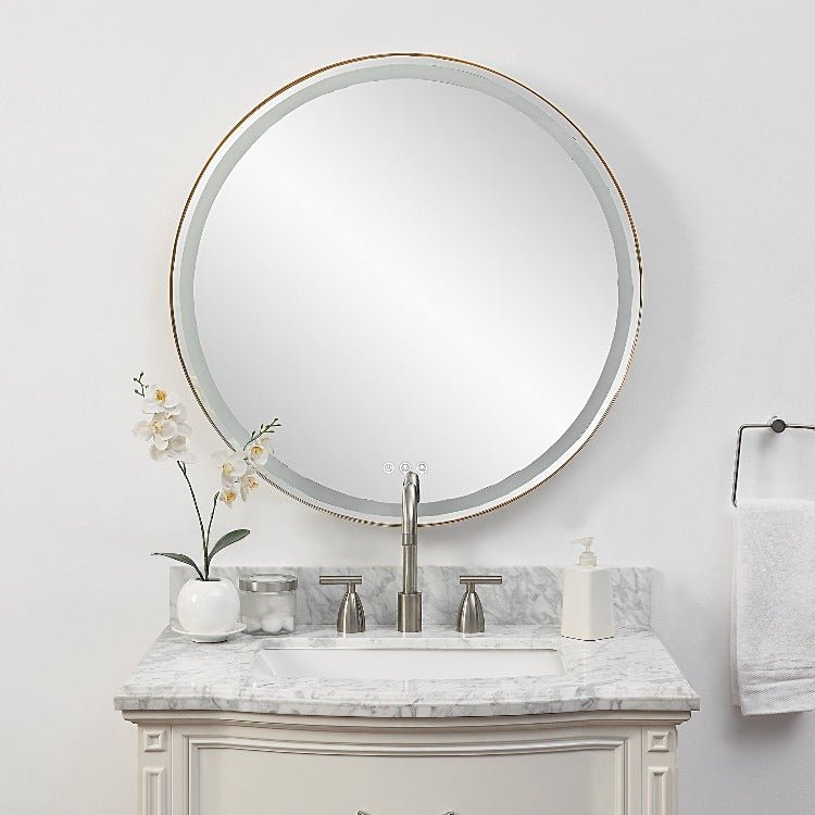 Crofton Lighted Brass Round Mirror - Uttermost - Round Mirrors by Modest Hut