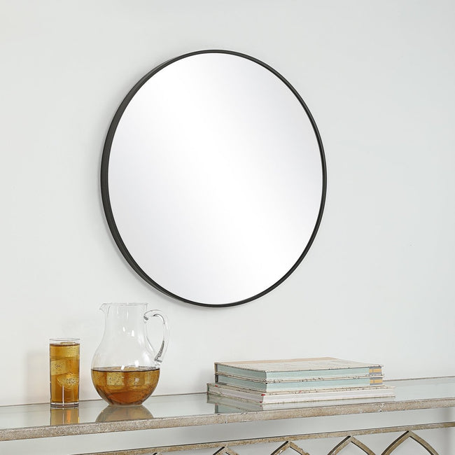 Satin Black Round Aluminum Frame Mirror - Uttermost - Round Mirrors by Modest Hut