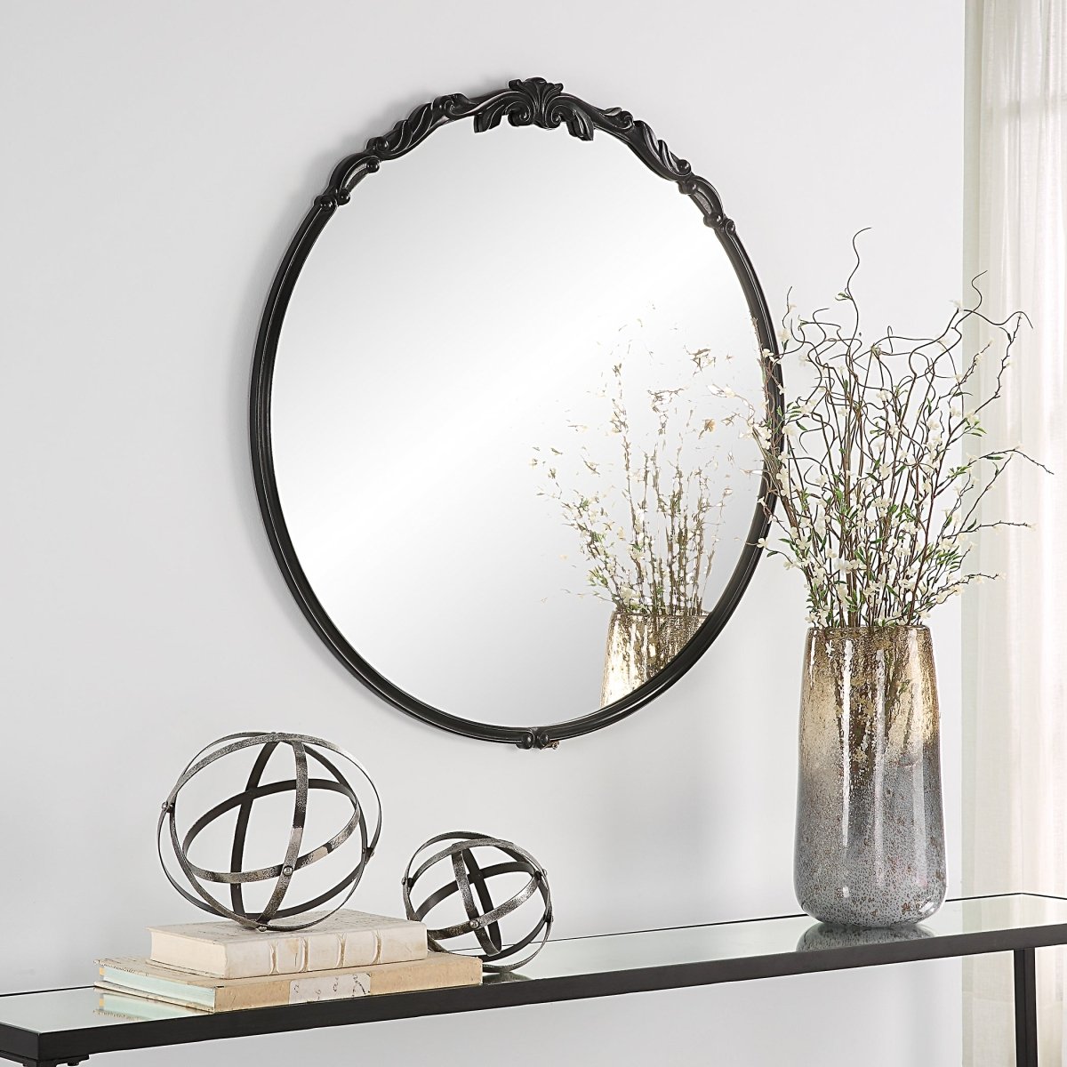 Satin Black Round Mirror with Ornate Details - Uttermost - Round Mirrors by Modest Hut