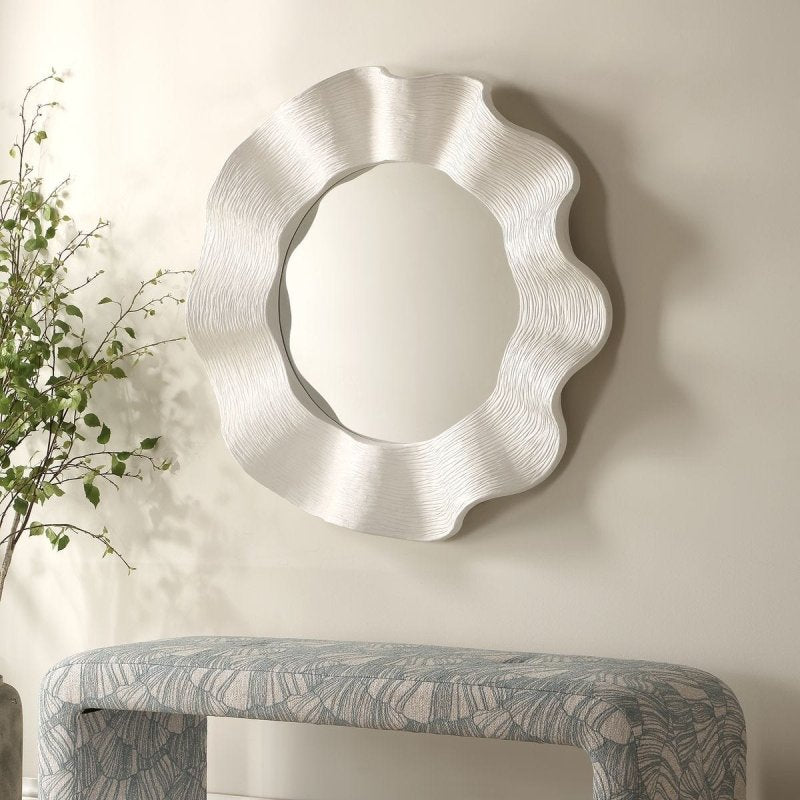 Wave Length Round Mirror styled in a light entryway setting