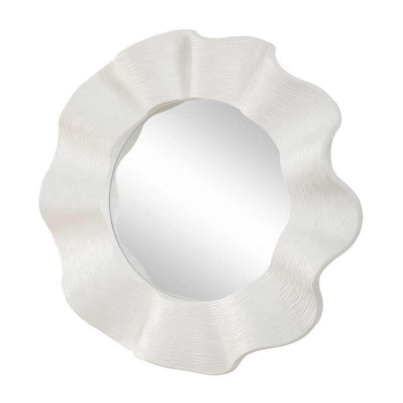 Angled view of the Wave Length Round Mirror wavy frame