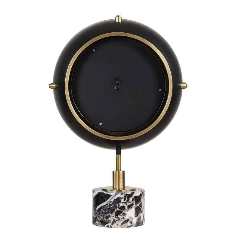 Detail view of black marble base on the Velar Brass and Black Marble Table Clock