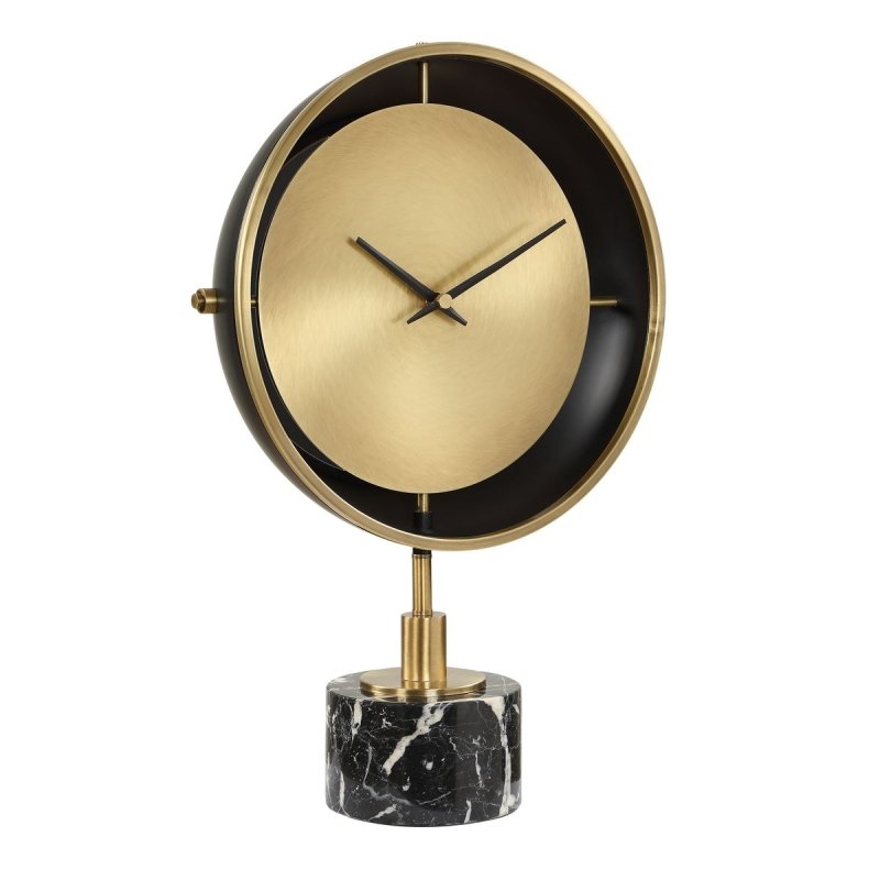 Velar Brass and Black Marble Table Clock by Uttermost on a white background