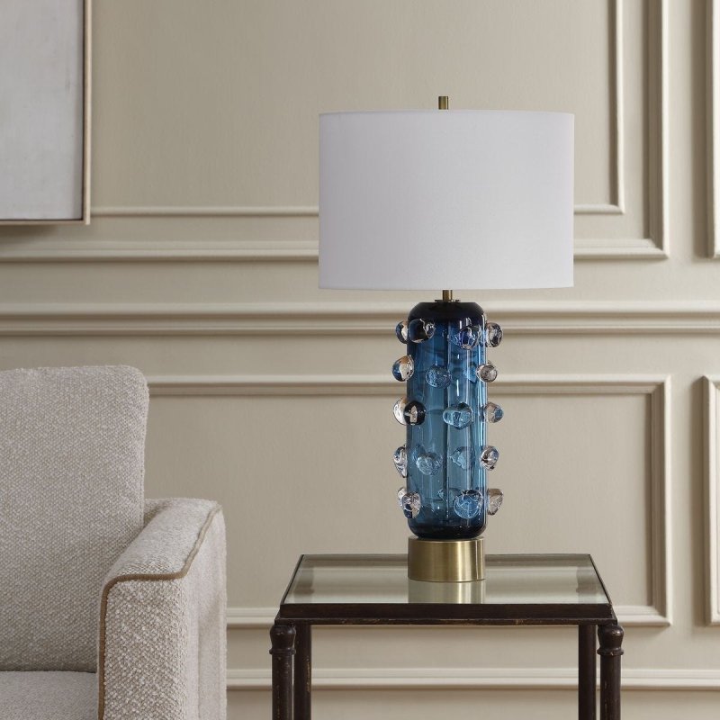 Alternate angle of the Aura Blue Glass Table Lamp by Uttermost