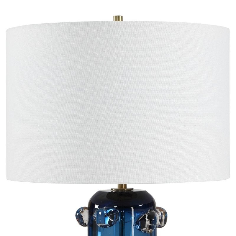 Detail view of the additional glass detail on the Aura Blue Glass Table Lamp