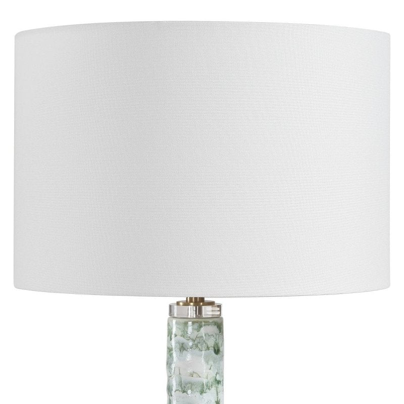 Detail view of blue-green marbled glaze on the Jameis Blue Green Marbled Ceramic Table Lamp
