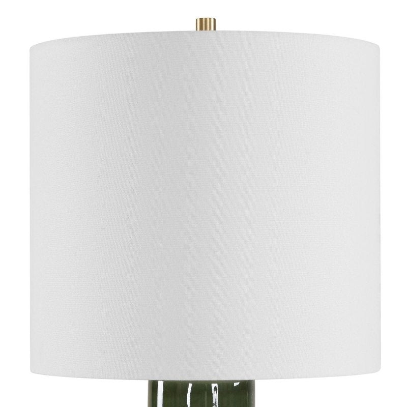 Detail view of deep-green glossy glaze on the Nacua Deep Green Ceramic Table Lamp