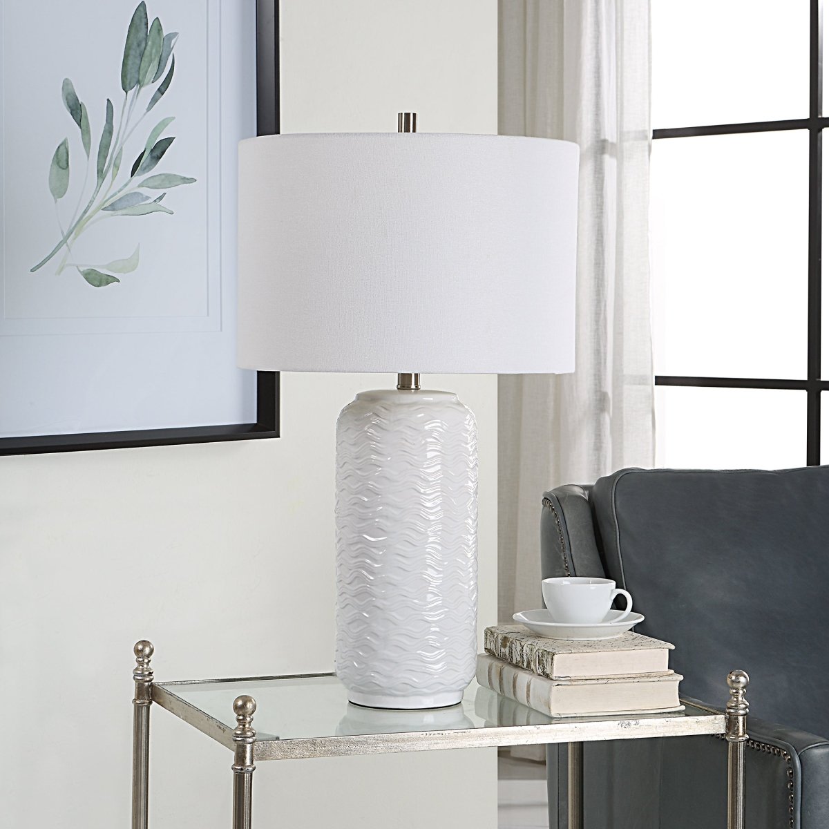 White Wavy Texture Ceramic Table Lamp - Uttermost - Table Lamps by Modest Hut