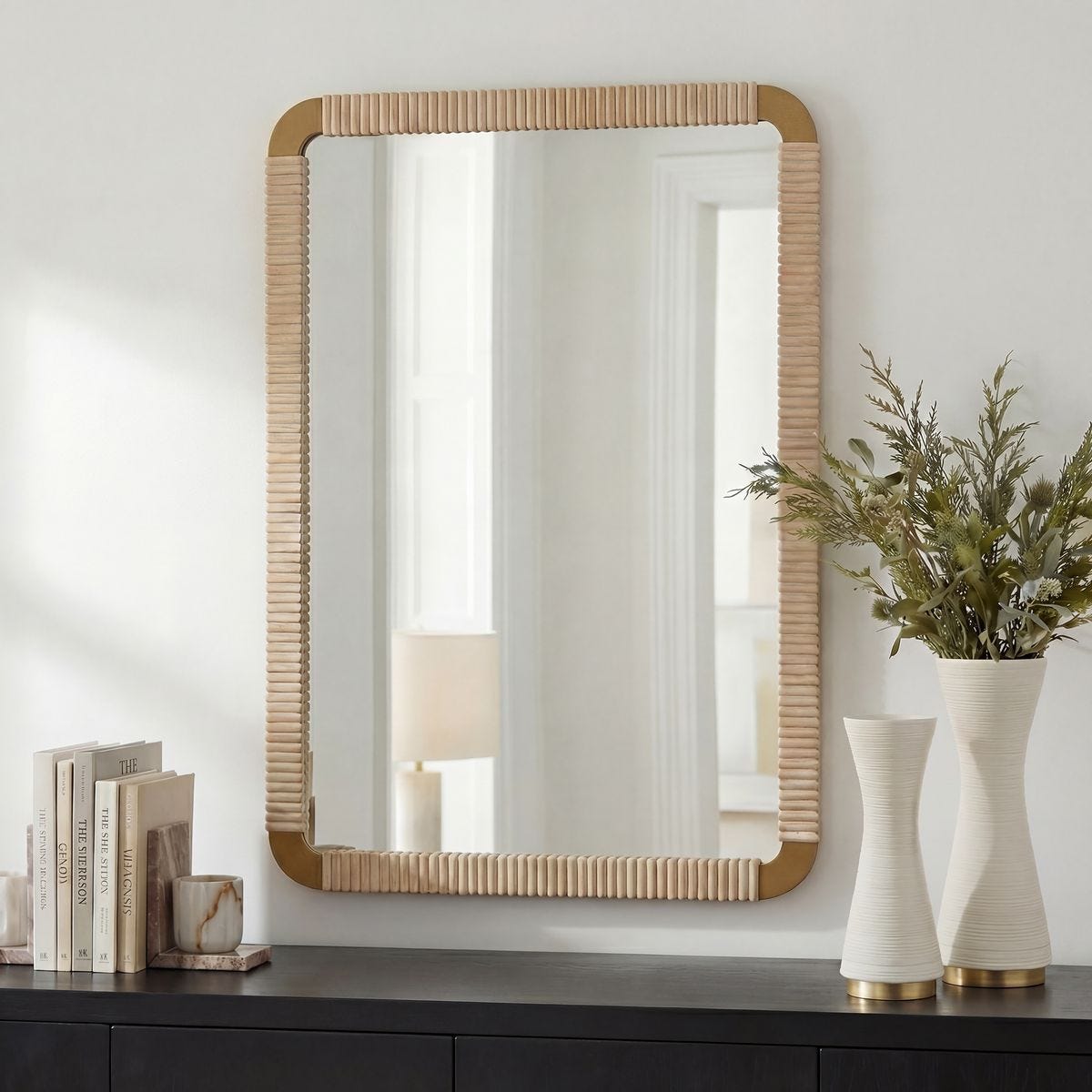 Heinrich Natural Alder Wood Wall Mirror styled in a room setting