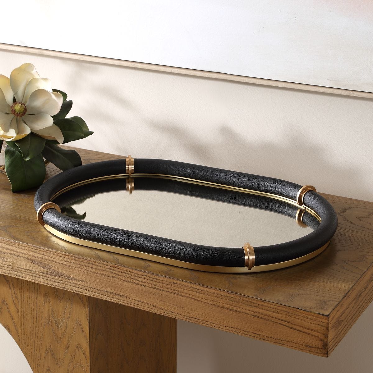 Side view of the Cyprus Black Faux Shagreen Oval Tray by Uttermost