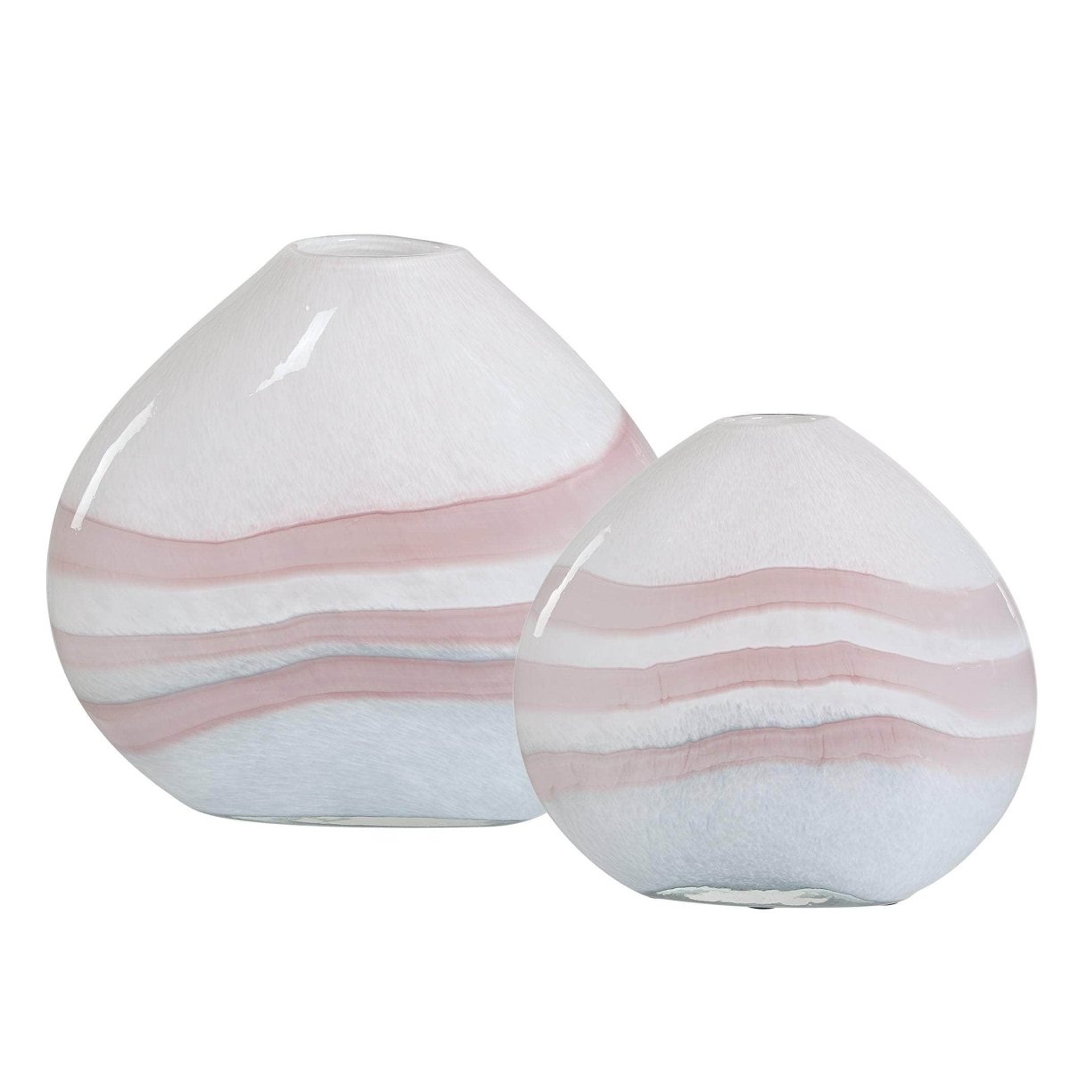 Side view of blush swirl glass vase set highlighting curved shape and glass finish