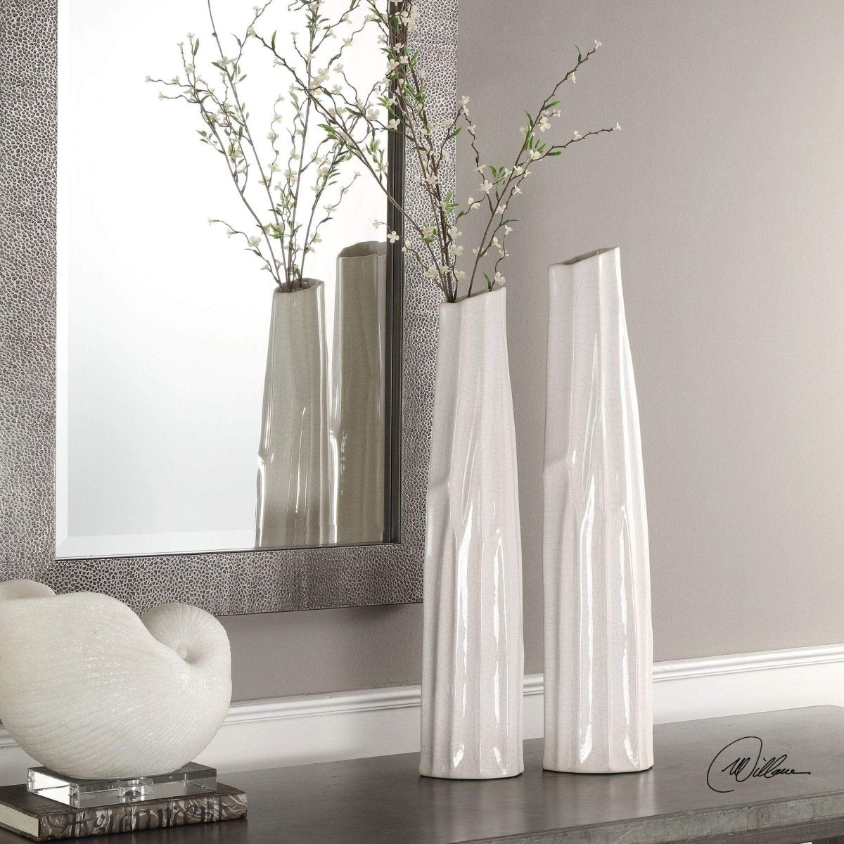 Kenlie Crackled White Vases (Set of 2) - Uttermost - Vases by Modest Hut