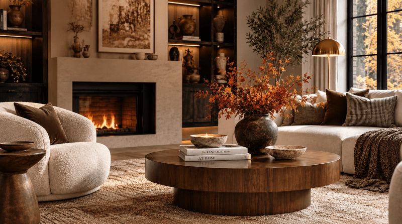 Warm modern luxury living room with dark walnut, cream upholstery, layered lighting and brass accents for Fall 2026 home decor trends