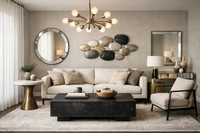 Top 10 Interior Design and Decor Trends for 2026: modern living room with statement chandelier, coffee table, mirrors, and wall decor.