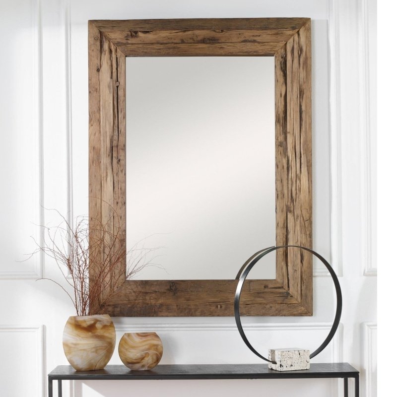 Alt text (featured image): Rustic reclaimed wood-framed rectangular wall mirror in a natural pine finish