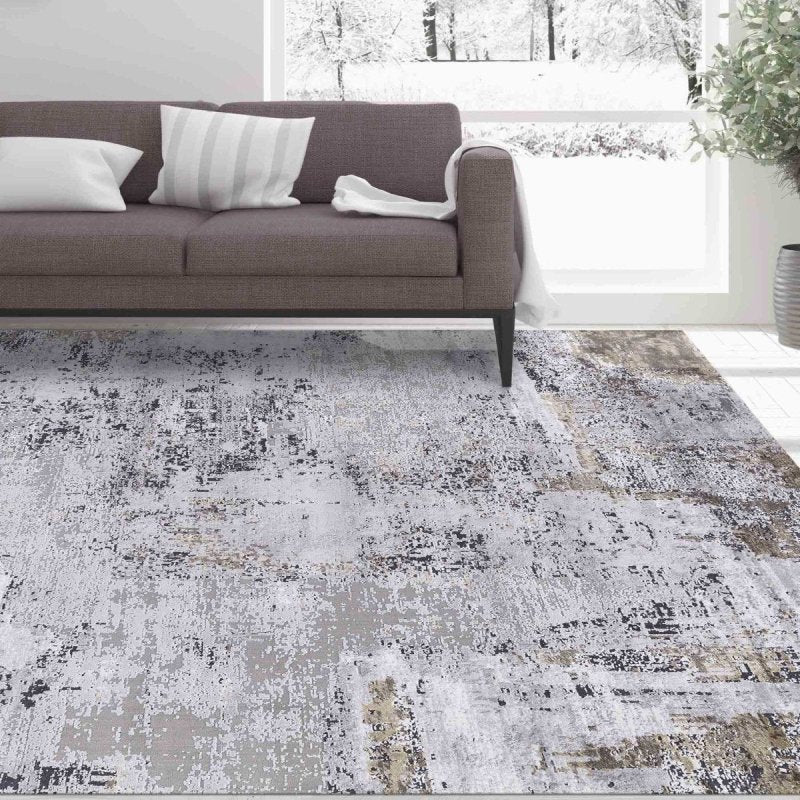 5 x 8 area rug with modern pattern in bedroom or small living room space