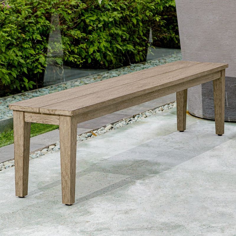 Collection of outdoor benches including modern patio benches, garden benches, dining benches, and weather-resistant seating for outdoor spaces