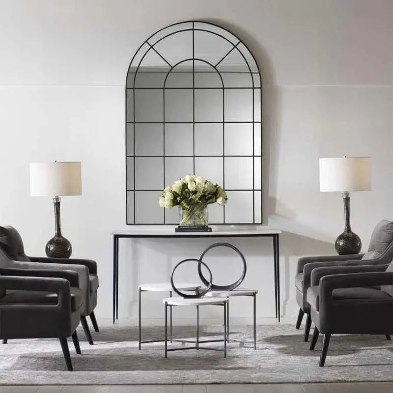 Uttermost grand black iron arched mirror with elegant frame design