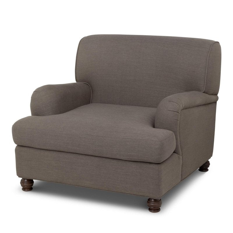 Three-quarter view of the Kenwood mocha brown upholstered accent chair with a loose seat cushion and turned wood feet