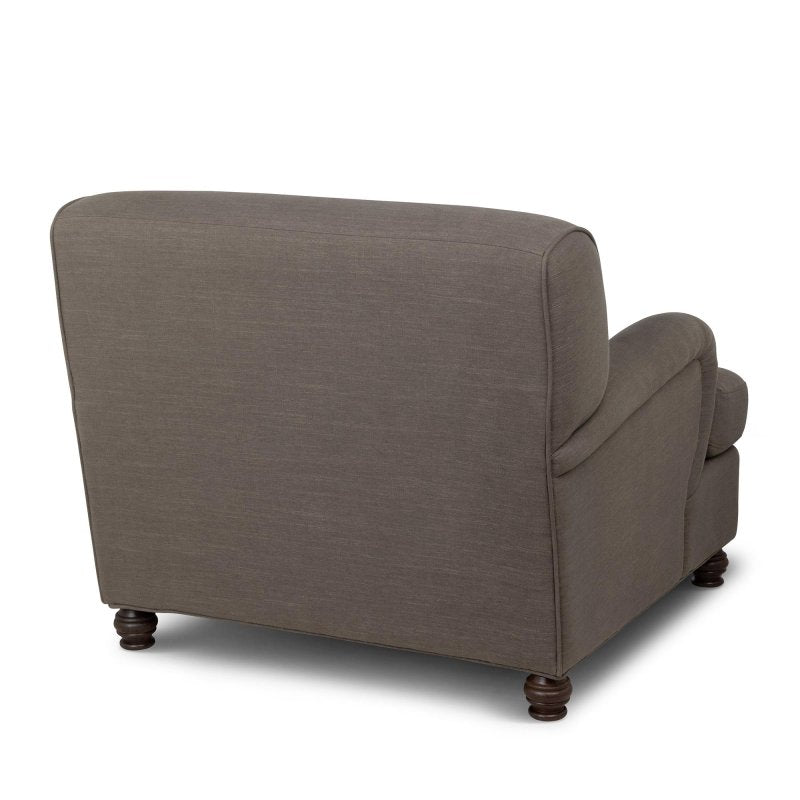 Rear three-quarter view of the Kenwood mocha brown upholstered accent chair and curved back silhouette