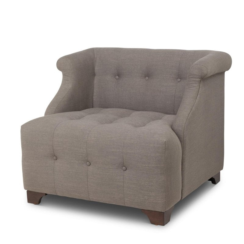 Three-quarter view of the Scroll Arm mocha brown accent chair with button tufting, rolled arms and wood block feet