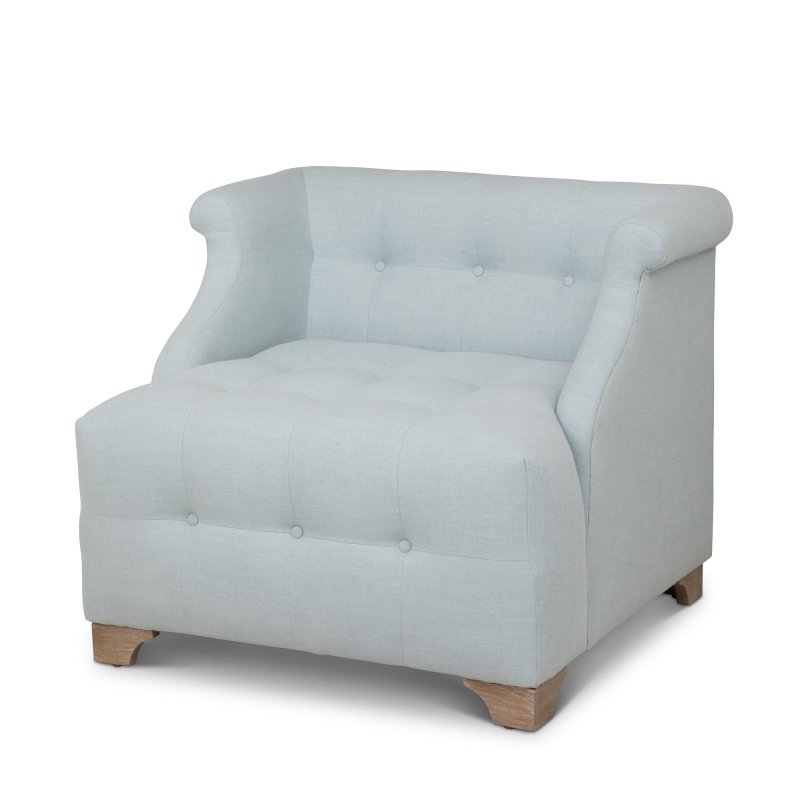 Three-quarter view of the Scroll Arm Serene Sky blue accent chair with button tufting, rolled arms and wood block feet