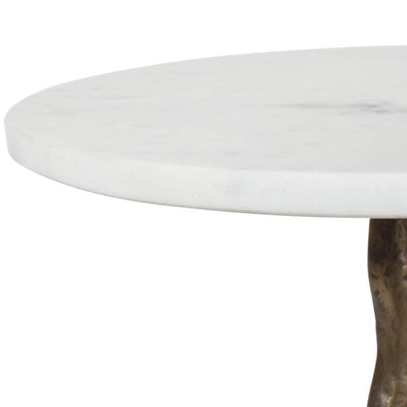 Detail view of the additional antique brass finish on the Calais Antique Brass Marble Accent Table