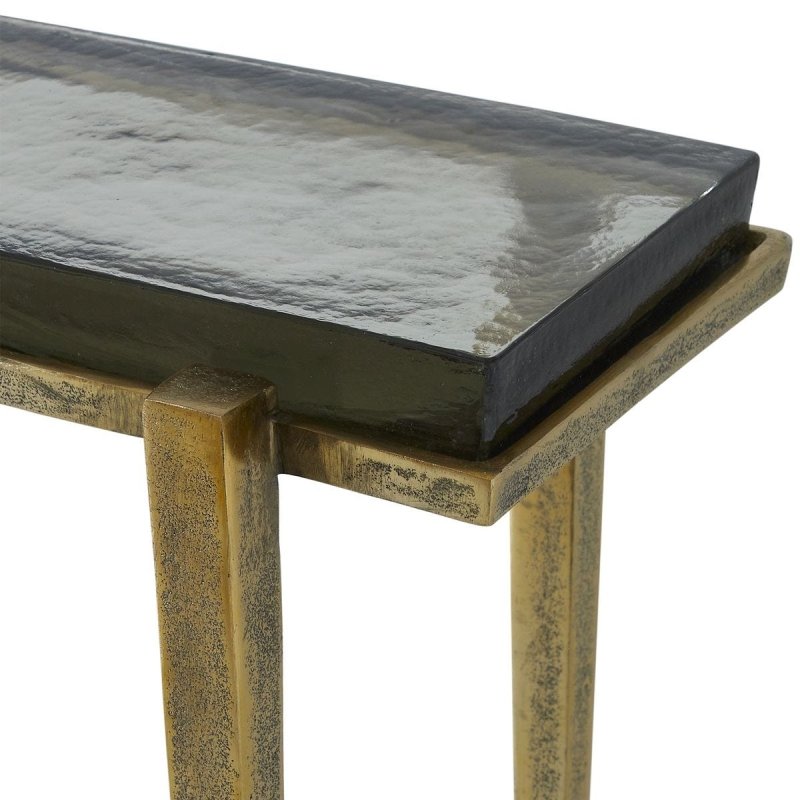 Detail view of thick cast-glass top on the Preston Rectangular Glass Accent Table