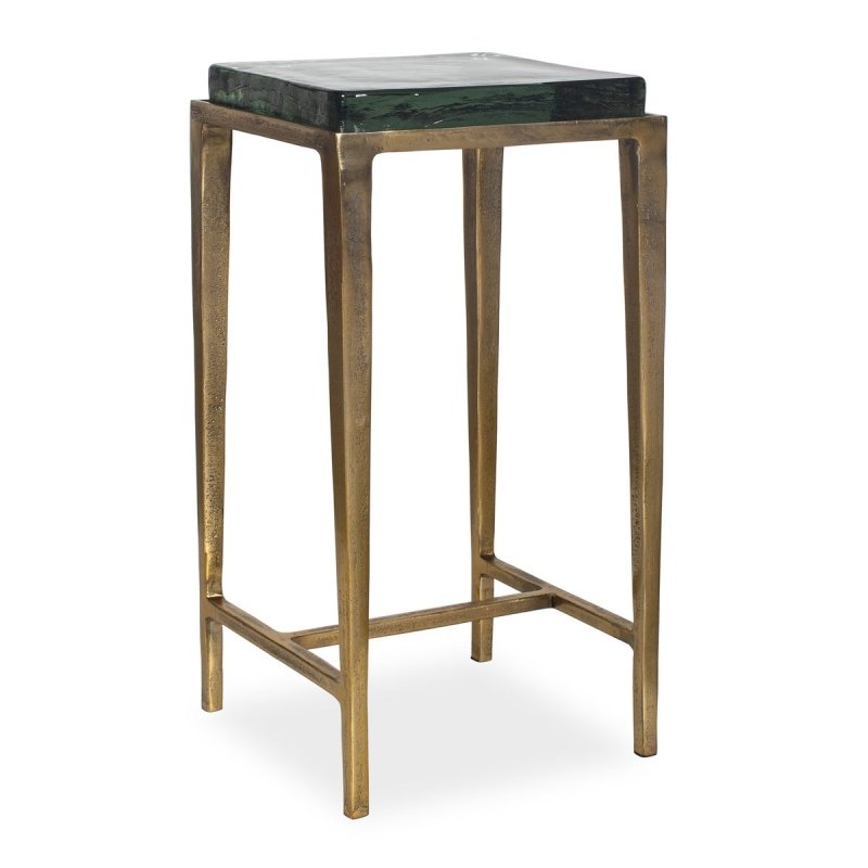 Detail view of thick square cast-glass top on the Preston Square Glass Accent Table