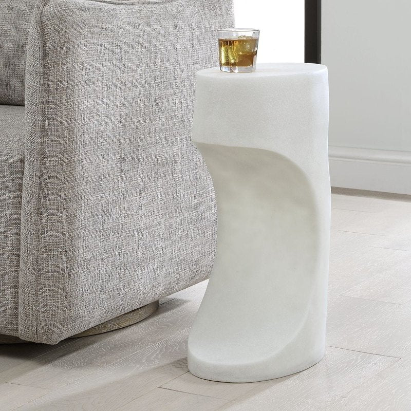 Detail view of the Stevie White Stone Indoor-Outdoor Accent Table finish and construction