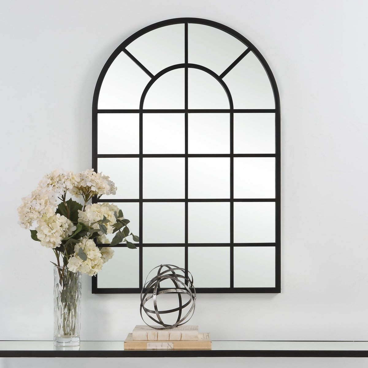 Matte Black Arched Windowpane Mirror - Uttermost - Arched Mirrors by Modest Hut