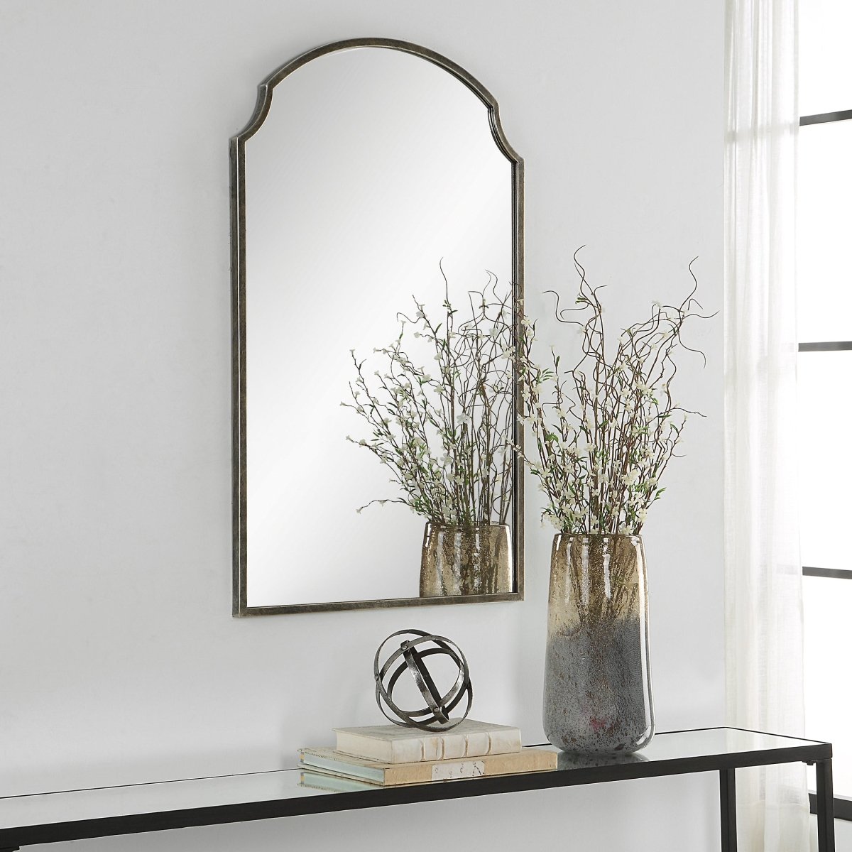 Rich Bronze Scalloped Corner Arch Top Mirror - Uttermost - Arched Mirrors by Modest Hut