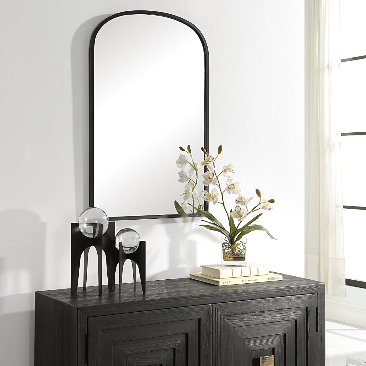 Satin Black Iron Framed Arched Mirror - Uttermost - Arched Mirrors by Modest Hut