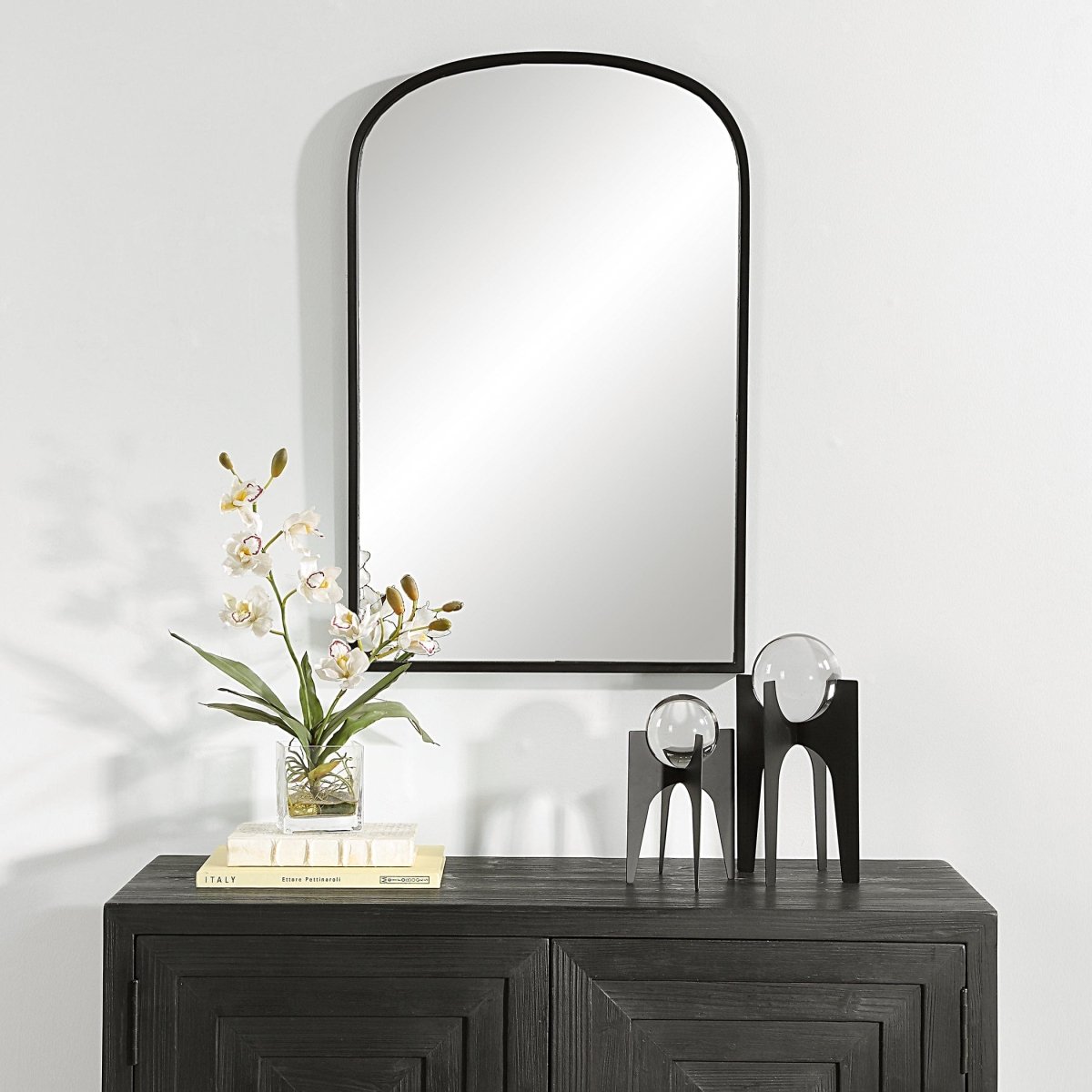 Satin Black Iron Framed Arched Mirror - Uttermost - Arched Mirrors by Modest Hut