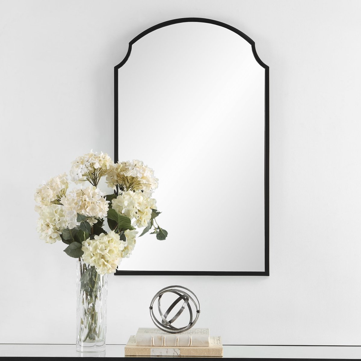 Satin Black Scalloped Corner Arch Top Mirror - Uttermost - Arched Mirrors by Modest Hut