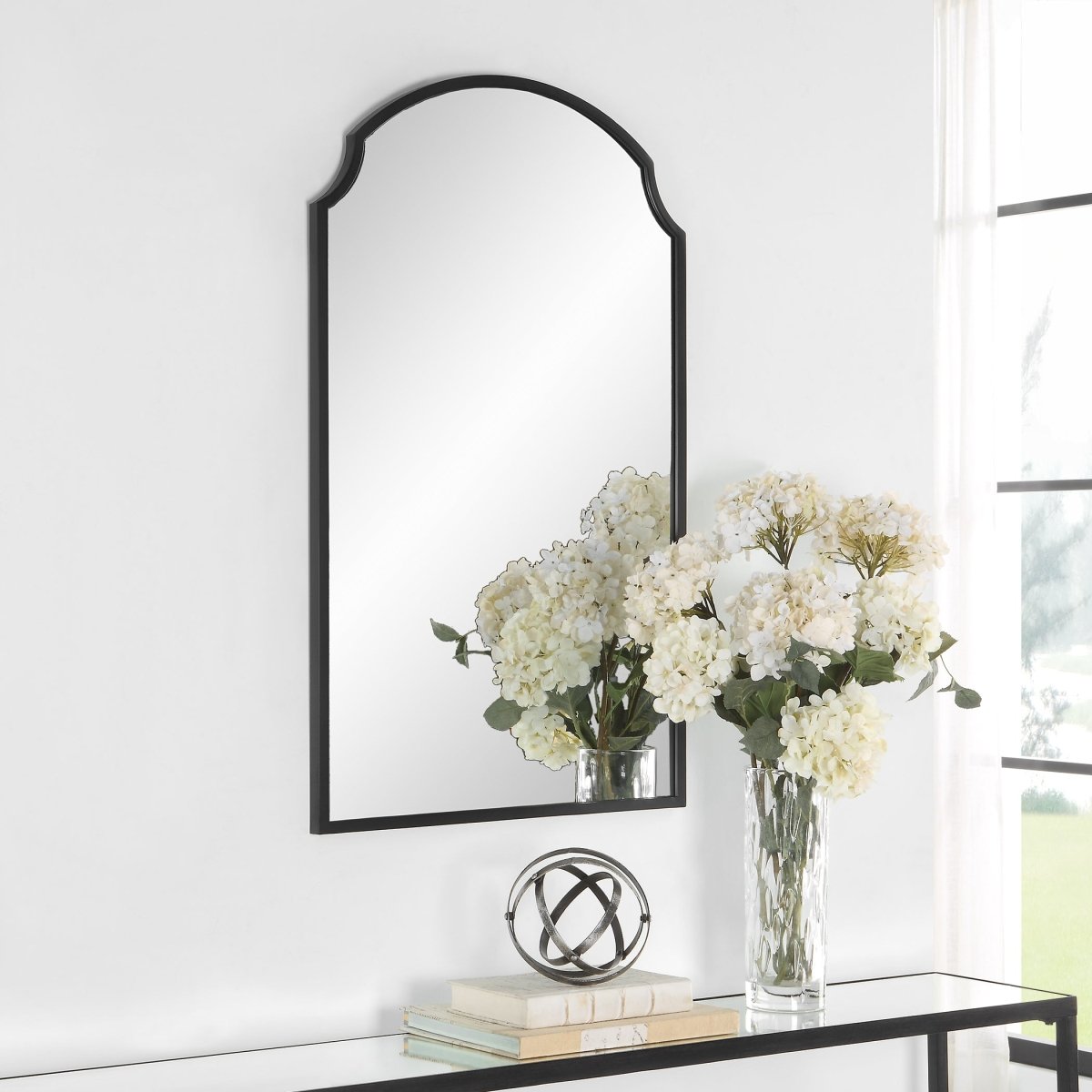 Satin Black Scalloped Corner Arch Top Mirror - Uttermost - Arched Mirrors by Modest Hut