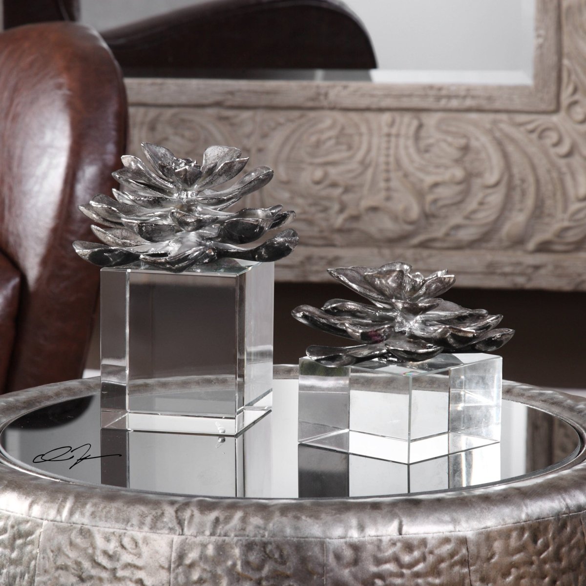 Indian Lotus Metallic Silver Flowers S/2 - Uttermost - Artificial Flora by Modest Hut