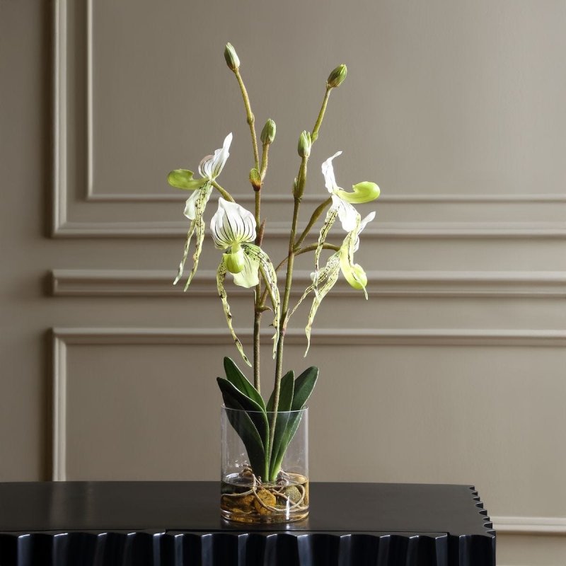 Detail view of the leaf and stem detail on the Lady Slipper White Orchid Arrangement
