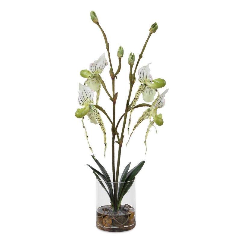 Alternate angle of the Lady Slipper White Orchid Arrangement by Uttermost