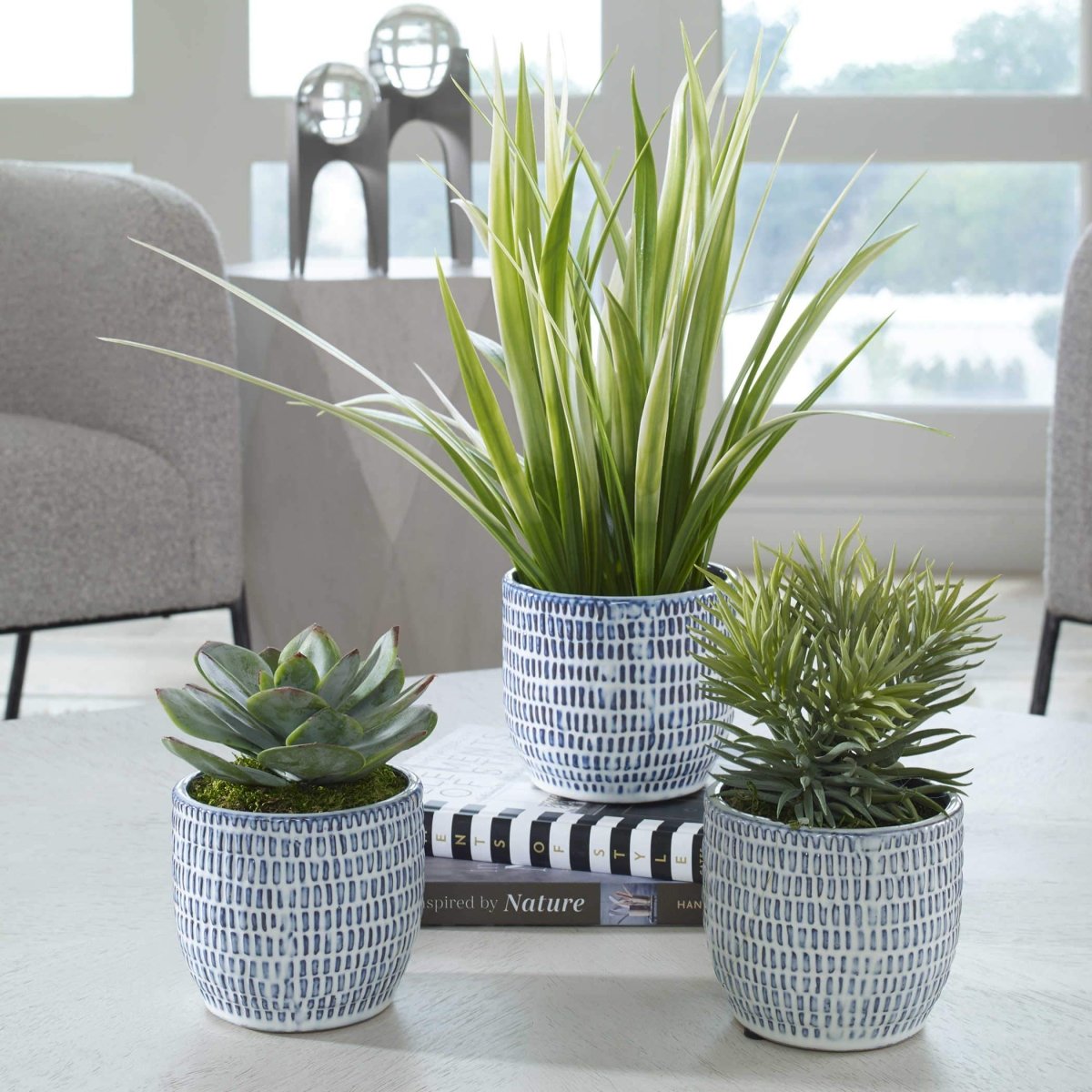 Puebla Greenery In Blue & White Pots, S/3 - Uttermost - Artificial Flora by Modest Hut